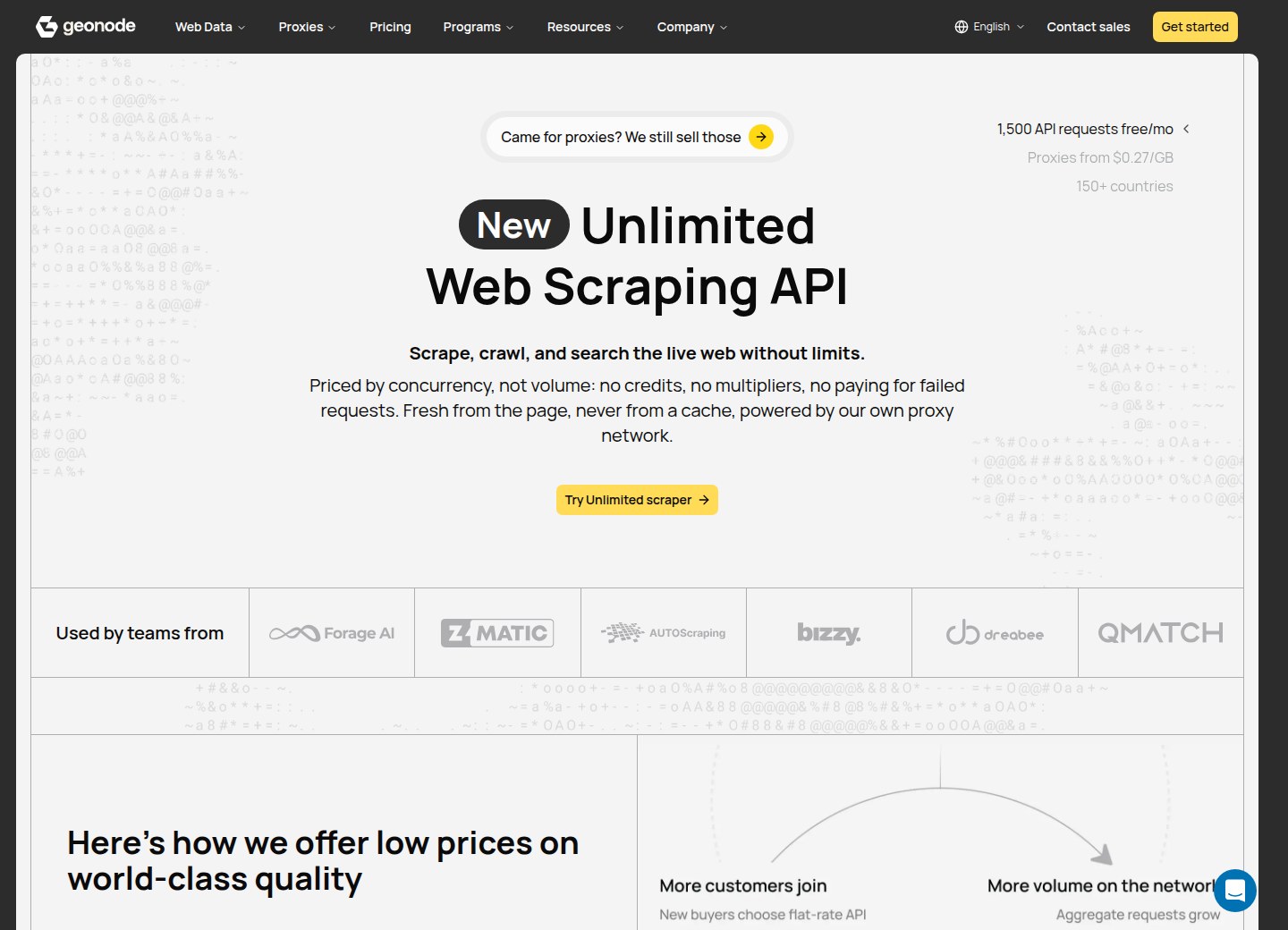 GeoNode’s public website, introducing its Web Scraping API and linking to its proxy services